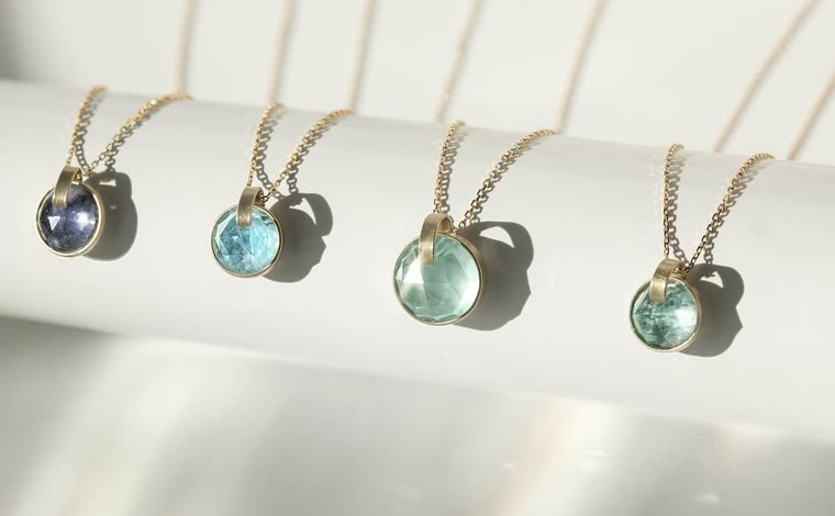 Taste of Light collection by kataoka, colored gemstone pendant necklaces in hand-forged gold settings