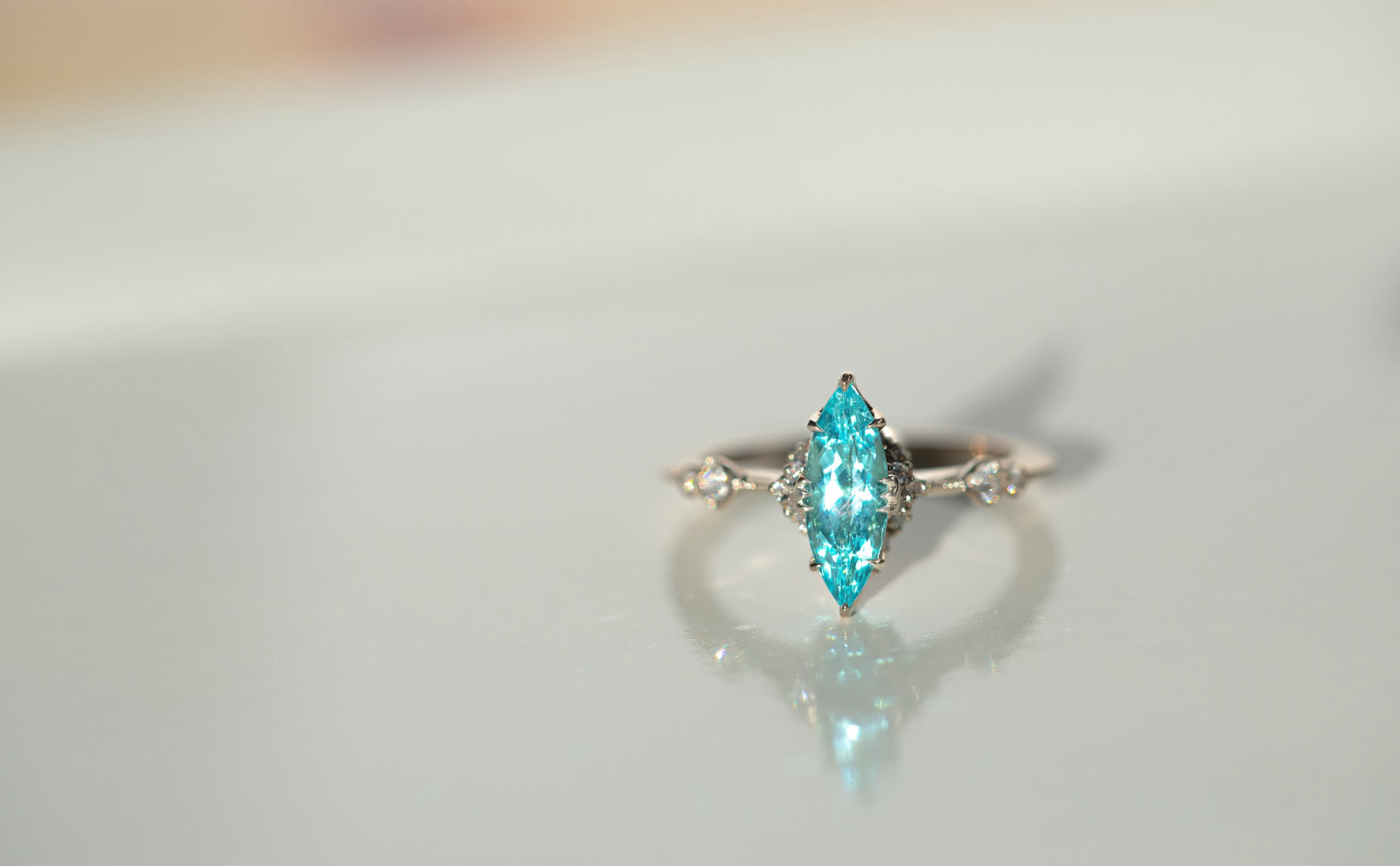 A bespoke paraiba tourmaline marquise ring handcrafted by master goldsmith Yoshinobu Kataoka at the kataoka atelier in Tokyo