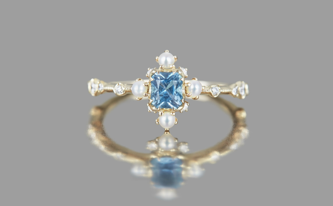 Snowflake Ring Supreme–Aquamarine & Pearl